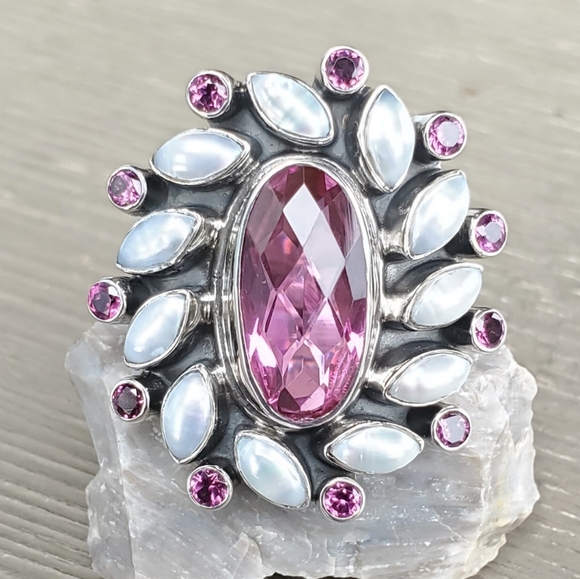New NB Nicky Butler 925 Sterling Silver Pink Quartz Garnet Pearl Size 6 Ring - Picture 7 of 12